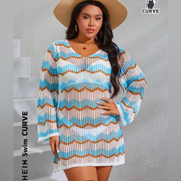 SHEIN Swim Curve Plus Chevron Pattern Tie Backless Open Knit Cover Up - Picture 2 of 5